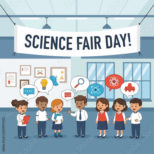 Photos A colorful illustration of children at a science fair