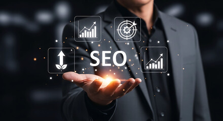 Businessman holding SEO search engine optimization concept with digital growth icons
