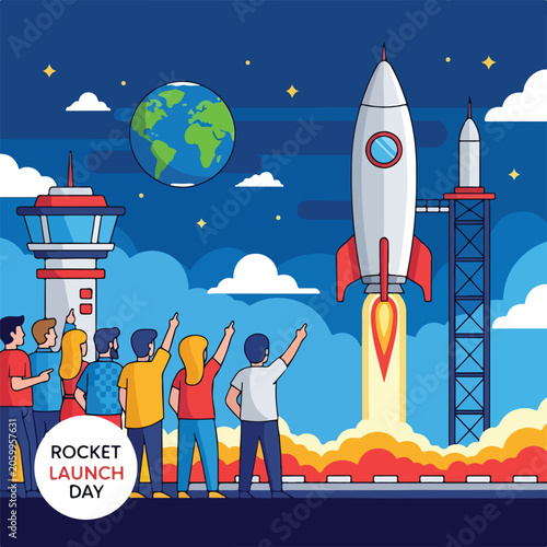 Slika na platnu A cartoon illustration of a rocket launch