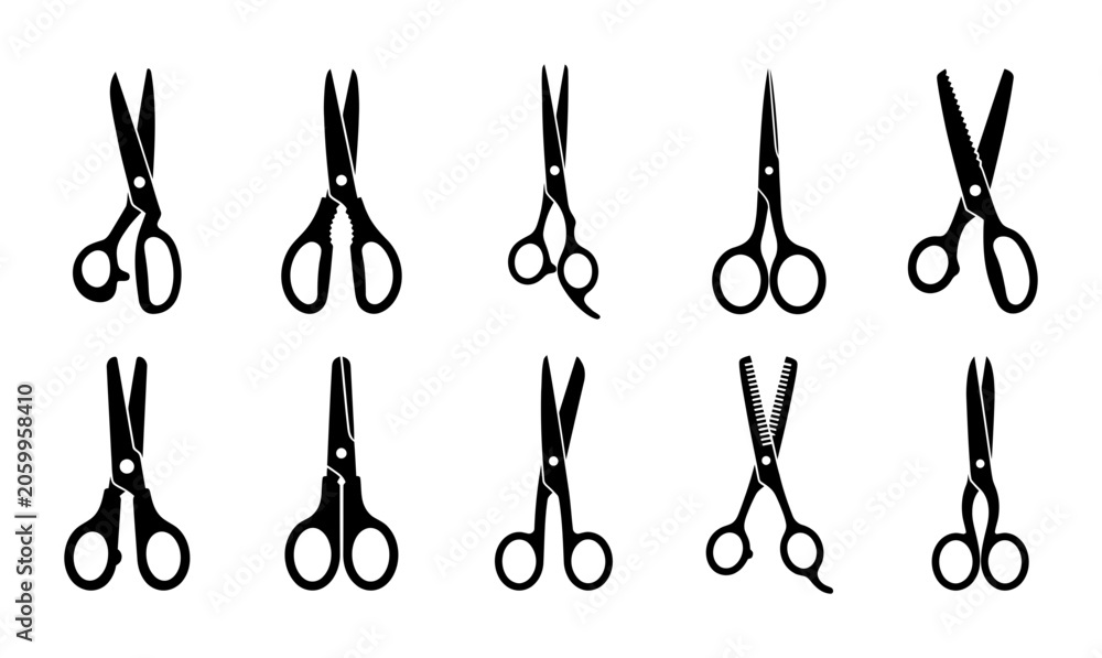 Fototapeta premium A diverse collection of ten unique professional scissors silhouettes isolated on white background for creative design projects and craft concepts