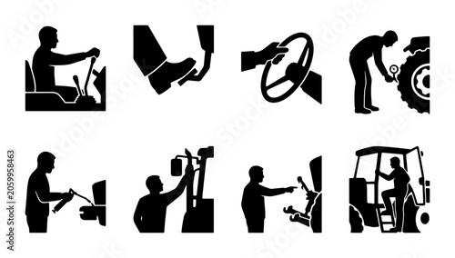 Foto Tractor Operation and Maintenance Icons, Agricultural Machinery Safety Symbols,