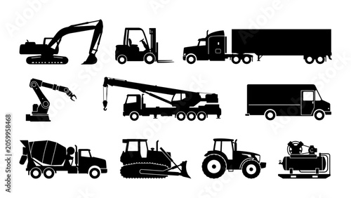 Black silhouette icons of heavy industrial construction equipment including excavators cranes tractors forklifts and cargo trucks for logistics projects