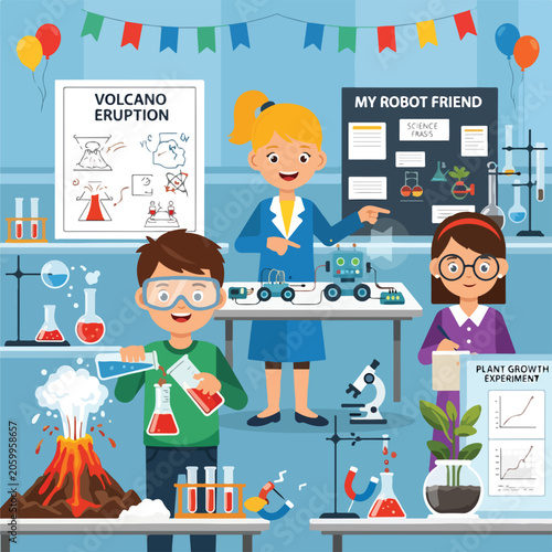Schilderij op canvas A cartoon illustration of children conducting science experiments