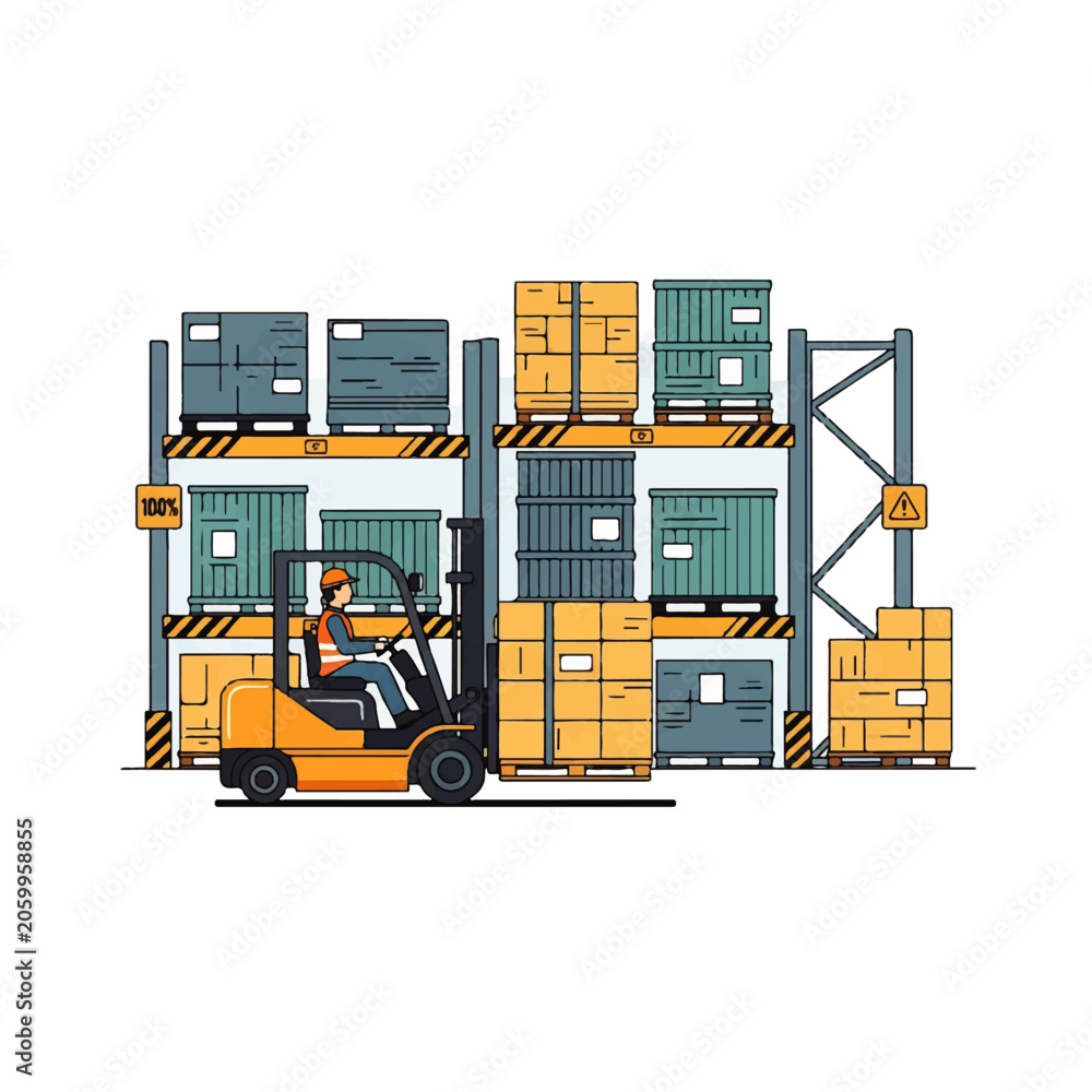 Naklejka premium Vector flat design illustration of a forklift truck moving boxes in a warehouse storage facility with shelves