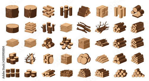 Extensive collection of wood logs timber planks and lumber stacks in different arrangements for construction use.