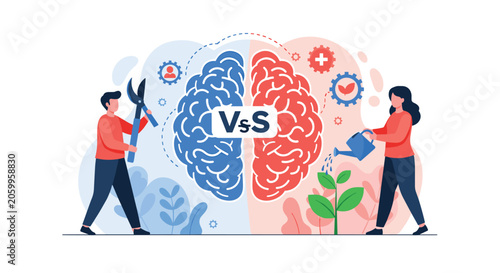 Creative illustration of two people nurturing different sides of a human brain representing logic and creativity.
