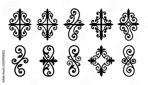 A set of ten black intricate vector flourish patterns featuring elegant scrolls and vintage ornate filigree motifs for professional design projects