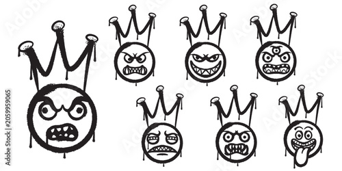Angry and Crazy Emoji Graffiti Style Spray Dripping Spray Paint Crown Smiley Vector Pack