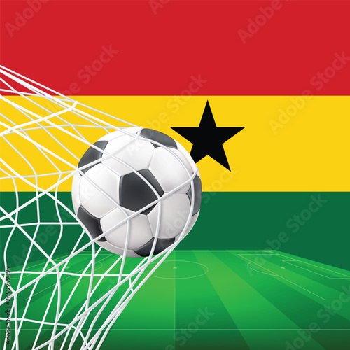 Soccer ball near goal net with Ghana flag background 3d rendering
