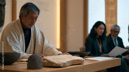 Chief conservator at a Southeast Asian national museum arranging displaced colonial-era artifacts into a new permanent decolonized gallery, wall text being installed, community