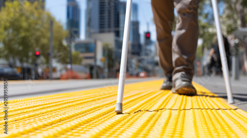 Low-angle view of person using crutches on tactile guidance paving in city street. Accessible urban design, mobility support, rehabilitation and disability inclusion concept.