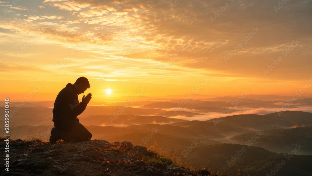 Obraz premium Silhouette of a kneeling person praying at sunrise on a mountain ridge, overlooking misty, layered valleys