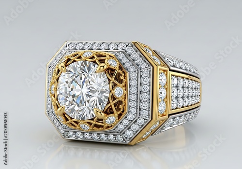 Luxurious mens diamond ring with intricate gold filigree and pave setting
