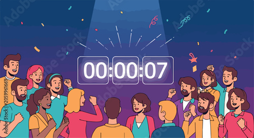 Cuadro en lienzo A cartoon illustration of people celebrating with a countdown timer