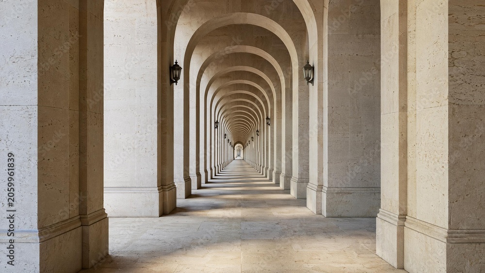 Obraz premium Endless architectural arcade with identical arched structures receding into the distance.
