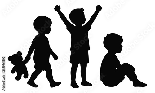 Three children silhouettes playing and sitting on white background
