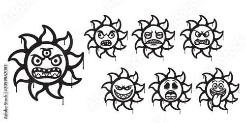 Graffiti Sun Character Vector Pack Set Emoji Monster Sun Stencil Spray Streetwear Distro