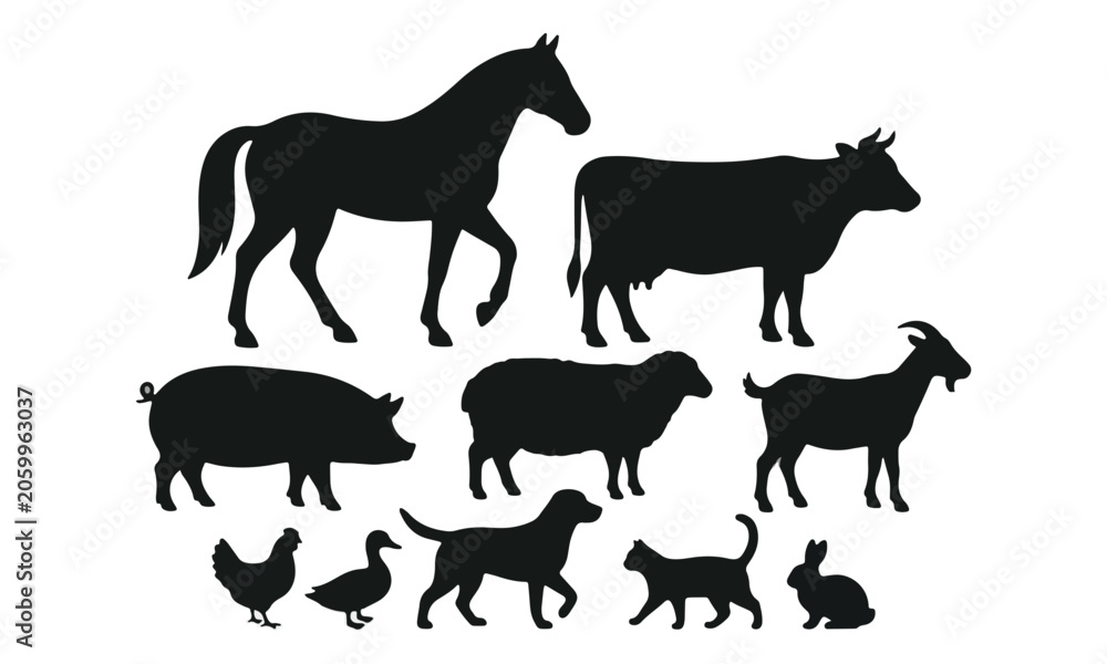 Obraz premium Farm Animal and Domestic Pet Silhouettes Set on White Background