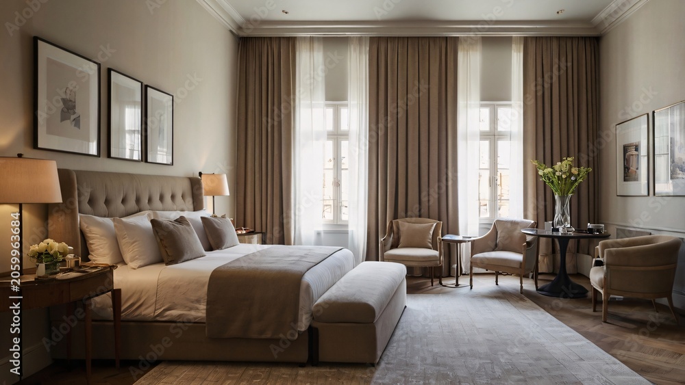 Fototapeta premium Elegant Luxury Hotel Bedroom Featuring Neutral Tones and Classic Sophisticated Interior Design