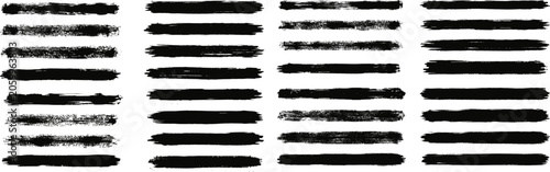 Black ink brush strokes set on white background. Paint texture scribble banners collection. Grunge abstract design elements. Hand drawn artistic borders pack.