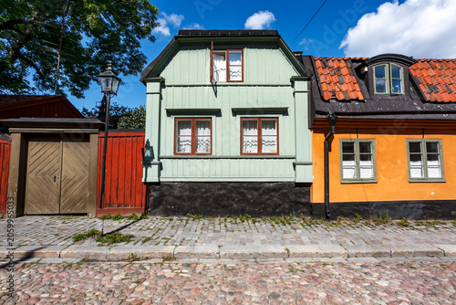 Colorful wooden house in Stockholm, Sweden, Europe