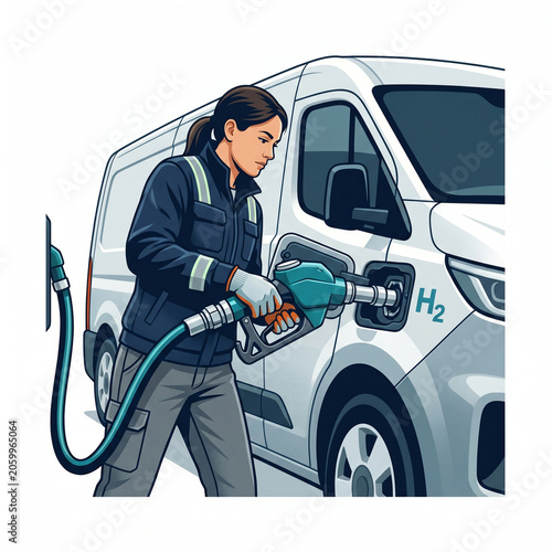 Female Driver Refueling Zero-Emission Commercial Van with Hydrogen Fuel Cell Nozzle, Premium Vector Illustration Isolated on White Background
