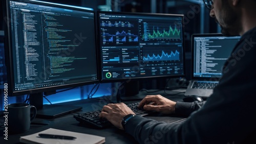 Programmer at a dark workstation typing code on a multi‐monitor setup showing source code and analytics dashboards