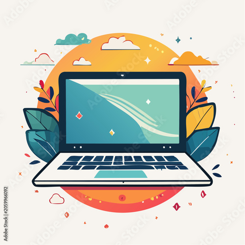 Laptop with nature elements and sunset background