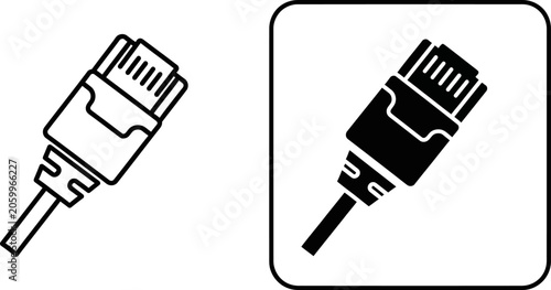 Ethernet connector icon in outline and solid styles on white background for technology concepts