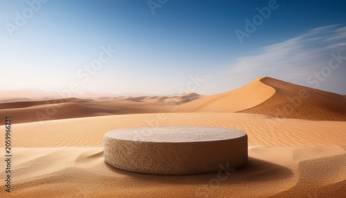 Mock Up Stone Pedestal On Sand For Cosmetics Advertising Empty Desert Scene For Natural Beauty Products Presentation
