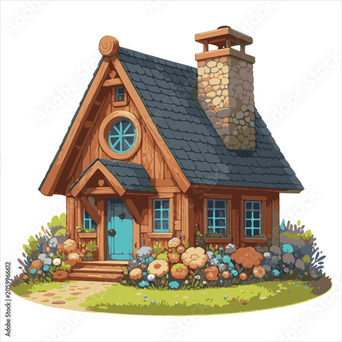 Rustic wooden cottage with stone chimney and blue door surrounded by a lush garden of colorful wildflowers for fantasy concept art or children book illustrations