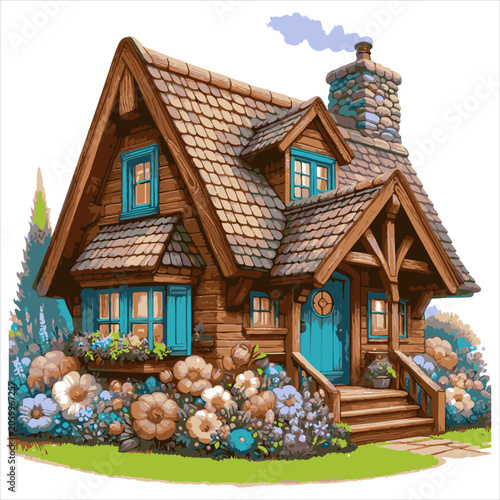 Charming rustic wooden cabin with stone chimney nestled in vibrant flower garden digital illustration
