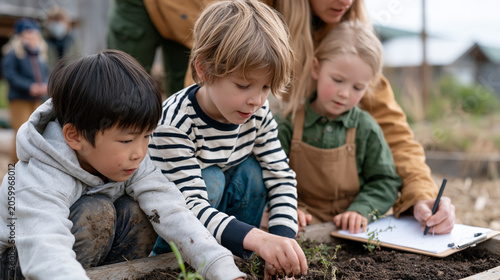 Muddy-kneed children work together to build a small garden bed in a forest school outdoor space, a teacher sketching plant growth observations on a clipboard nearby, learning