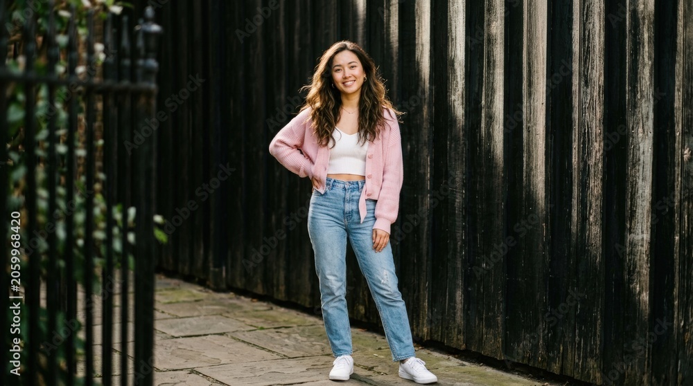 Fototapeta premium Young woman walking on urban pathway in spring attire.