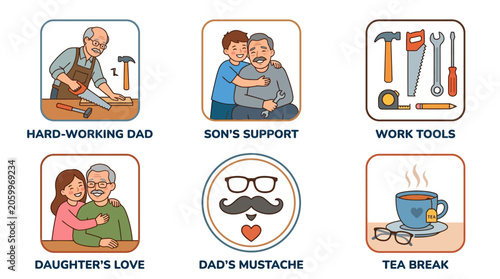 Foto Father's Day vector icon set, hard-working dad and family love illustrations, wo