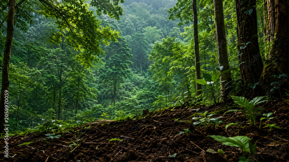 Fototapeta premium Dense green rainforest landscape with fertile soil and tall trees