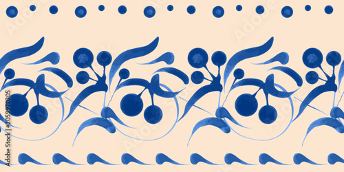Vector blue floral seamless border pattern from blueberry plants on beige background 