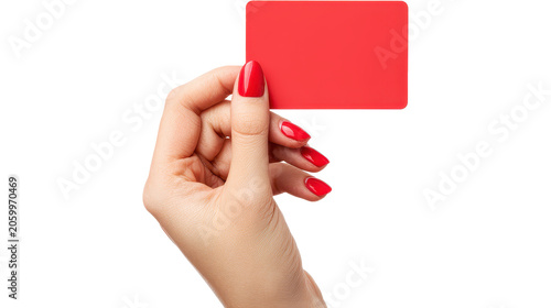 Close-up of a female hand holding a blank red rectangular card against white background