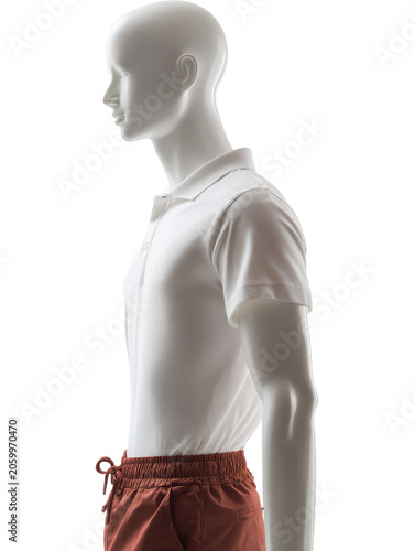 Male mannequin wearing casual polo shirt and pants with side profile view