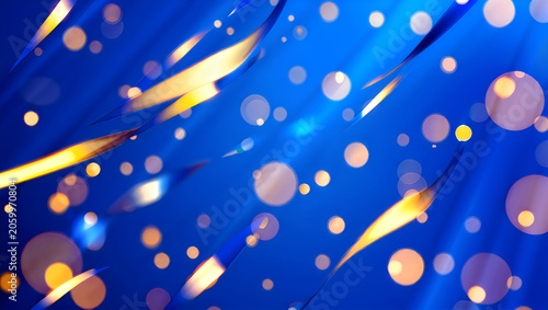 Abstract blue and gold background with festive bokeh and light streaks