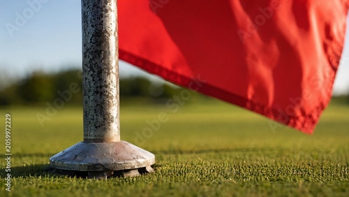 Close-up of metal flagstick base showing weathered texture against vibrant flag.