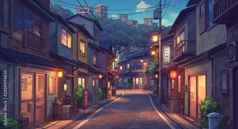 Obraz premium Twilight Street: Digital Painting of a Serene Cityscape