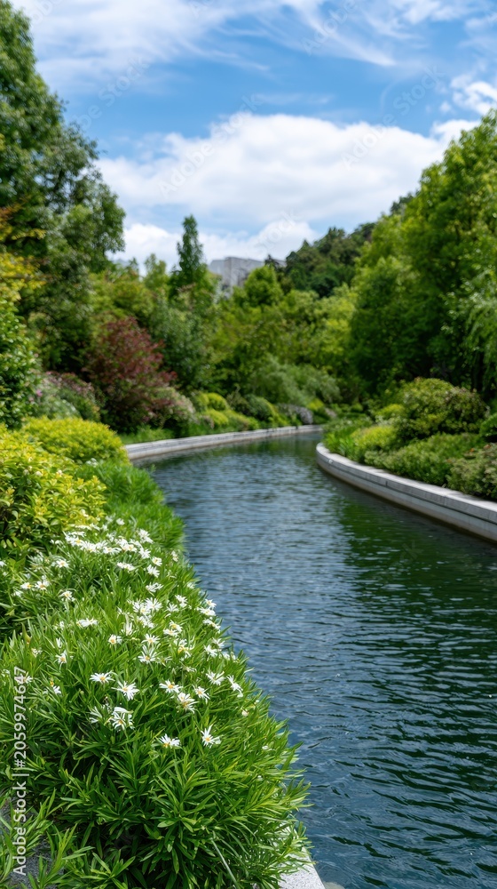 Fototapeta premium Curved canal with green landscape in modern urban park, sustainable city environment concept.