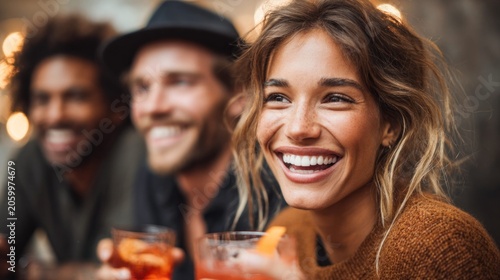 Friends laughing and enjoying drinks together at a bar with warm bokeh lights