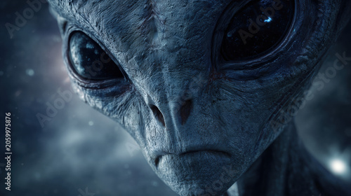 Contemplative grey alien portrait with large black eyes against dark blue cosmic nebula background