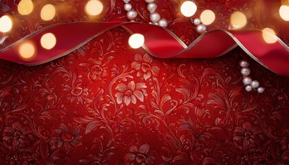 Elegant Red Damask Background With Festive Ribbon Pearls And Fairy Lights
