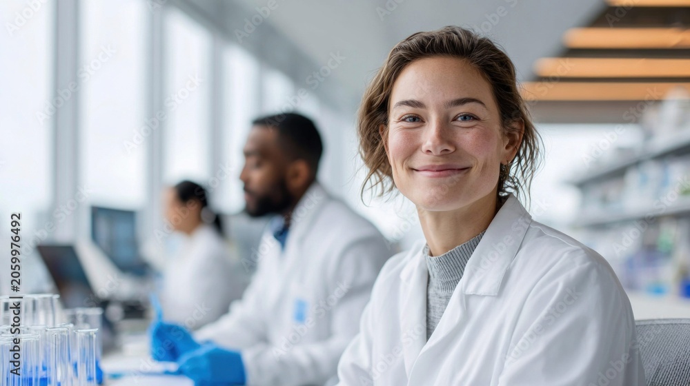 Fototapeta premium Smiling female scientist in lab coat with colleagues working in background