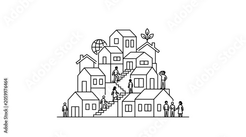 Obraz na plátně Hand-drawn sketch of a charming town with houses, buildings, trees, and streets