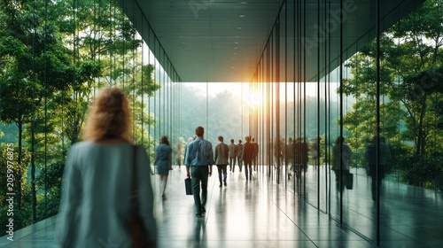Modern glass walkway with people walking amidst lush green trees and sunlight