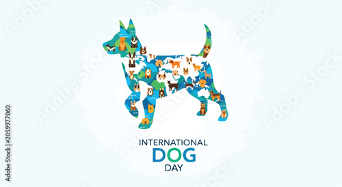 A colorful dog silhouette filled with various dog breeds